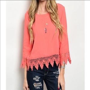 Coral Crochet Top 3/4 sleeves